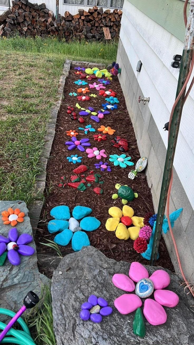 Painted stones laid out as flowers and animals along a bark path beside a building