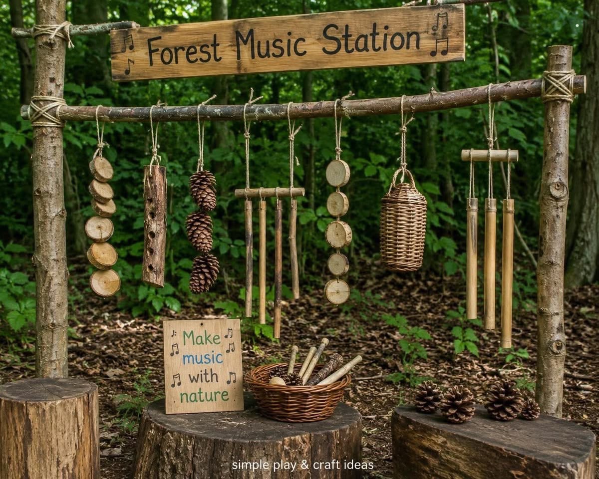 A wooden frame in woodland with hanging log slices, bamboo pipes and pine cones used as chimes