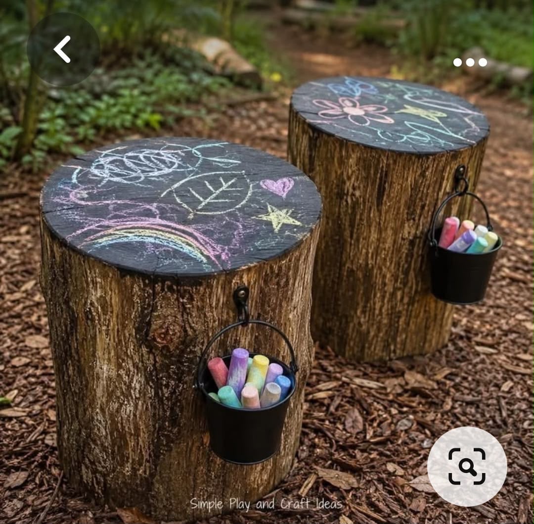 Two tree stumps with painted blackboard tops and small buckets of coloured chalk