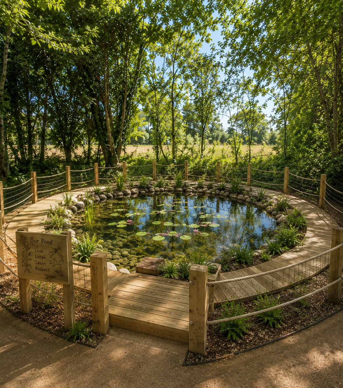 A drawing of a clear wildlife pond with planting, a timber path and a post and rope fence around it