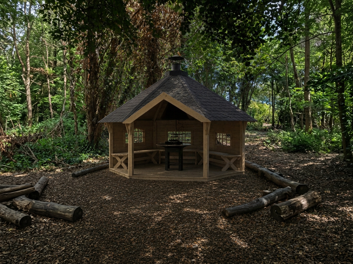 A drawing of a timber shelter in woodland with bench seating around a central fire and cooking table